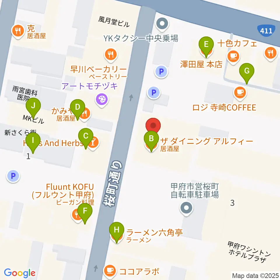 コットンクラブ甲府周辺のファミレス・ファーストフード一覧地図