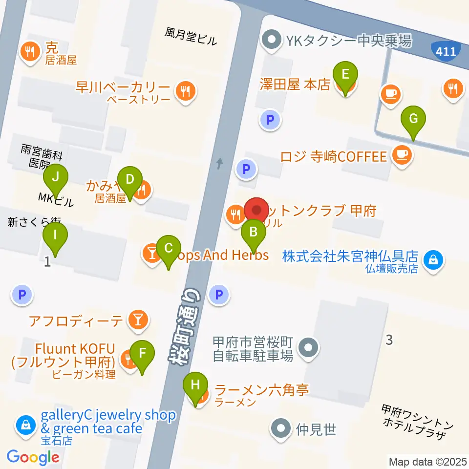 コットンクラブ甲府周辺のファミレス・ファーストフード一覧地図