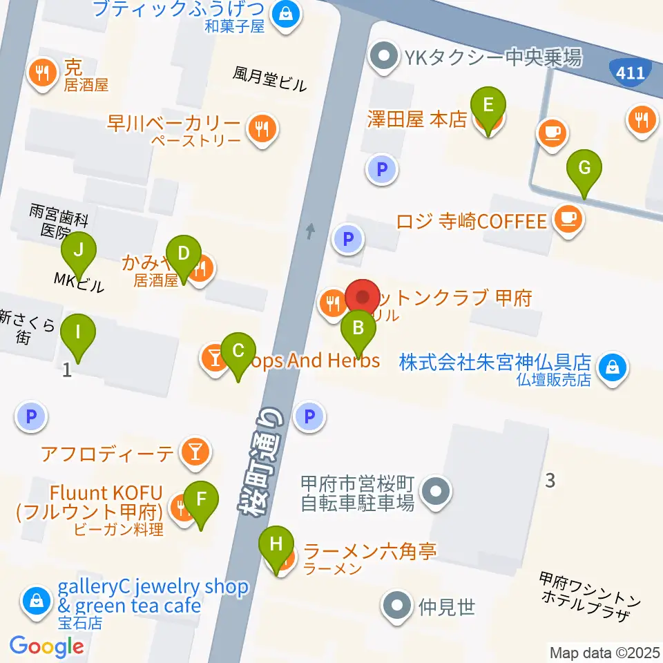 コットンクラブ甲府周辺のファミレス・ファーストフード一覧地図