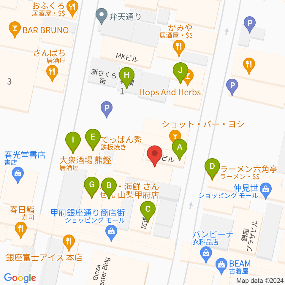 甲府桜座周辺のファミレス・ファーストフード一覧地図