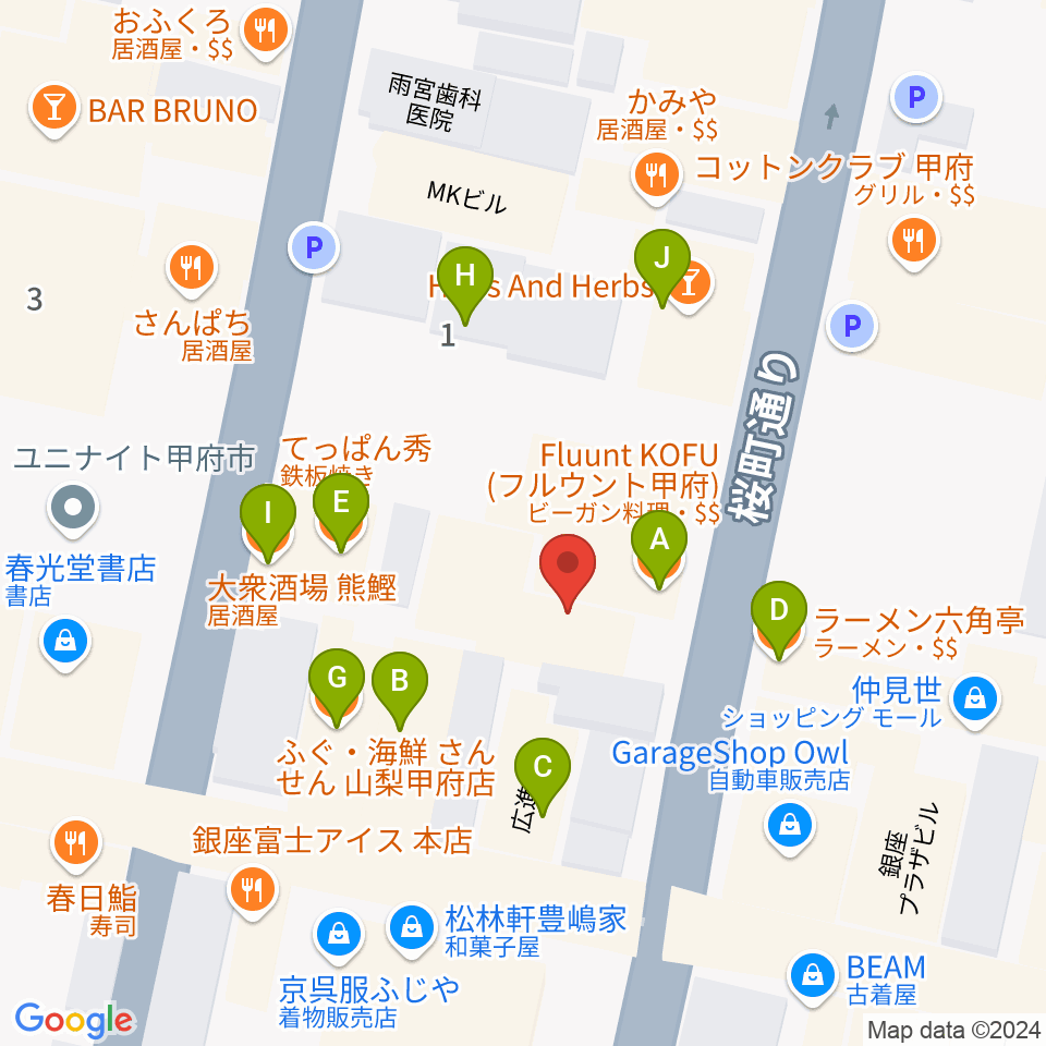 甲府桜座周辺のファミレス・ファーストフード一覧地図