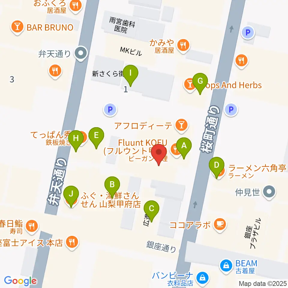 甲府桜座周辺のファミレス・ファーストフード一覧地図