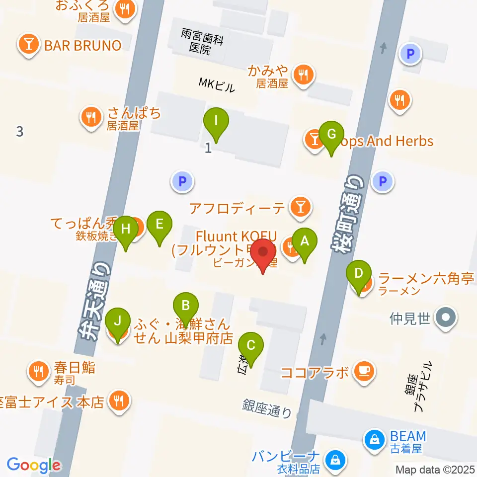 甲府桜座周辺のファミレス・ファーストフード一覧地図