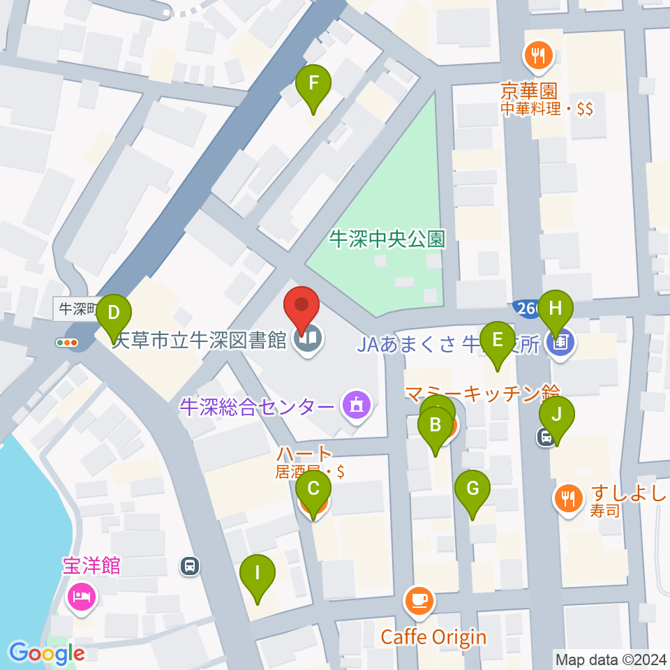 牛深文化会館（牛深総合センター）周辺のファミレス・ファーストフード一覧地図