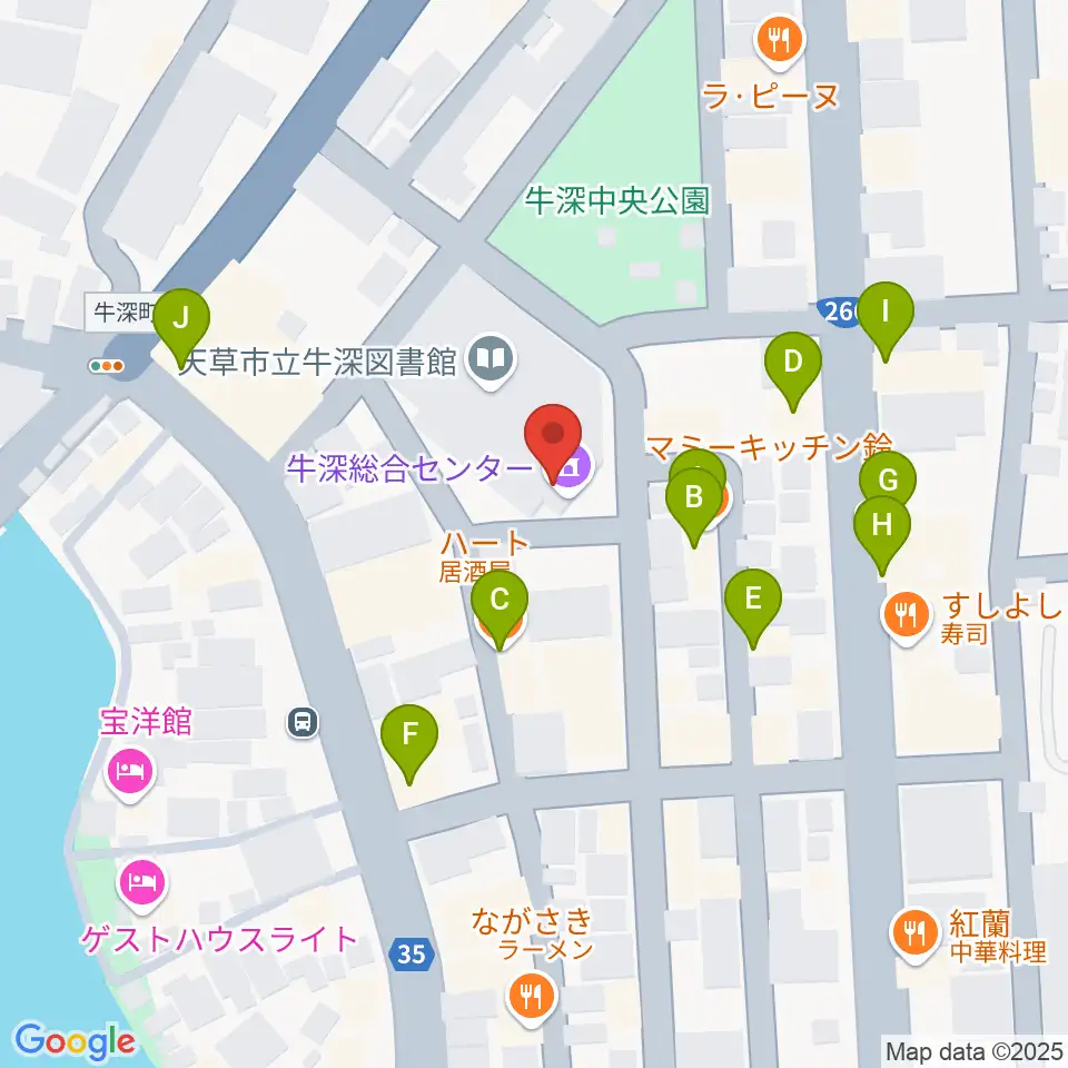 牛深総合センター周辺のファミレス・ファーストフード一覧地図