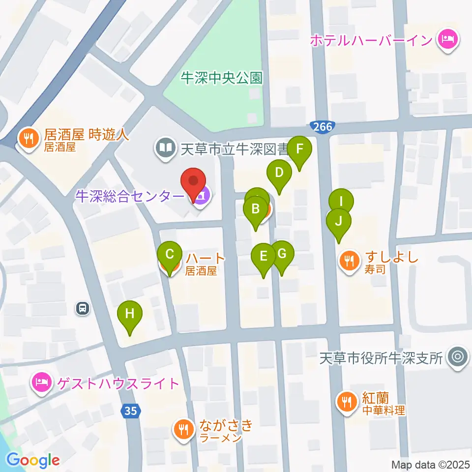 牛深総合センター周辺のファミレス・ファーストフード一覧地図