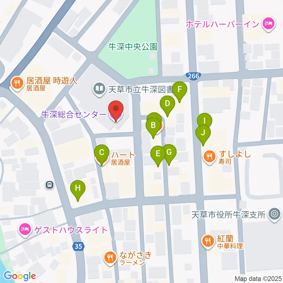 牛深総合センター周辺のファミレス・ファーストフード一覧地図