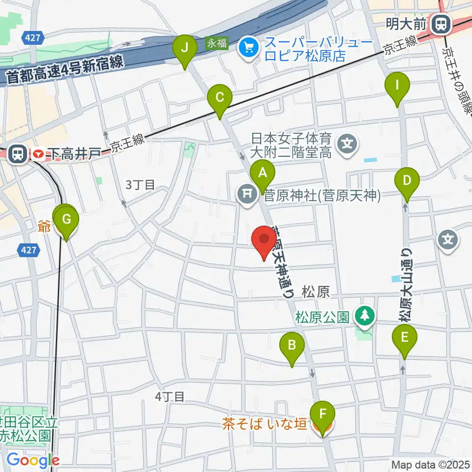 宇宙舘周辺のファミレス・ファーストフード一覧地図