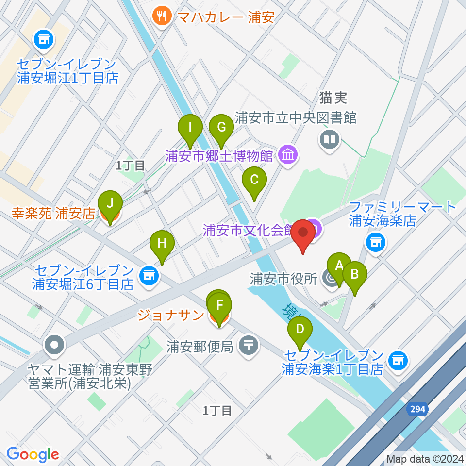 浦安市文化会館周辺のファミレス・ファーストフード一覧地図