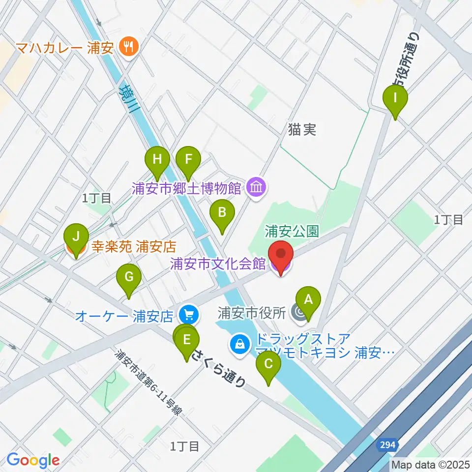 浦安市文化会館周辺のファミレス・ファーストフード一覧地図