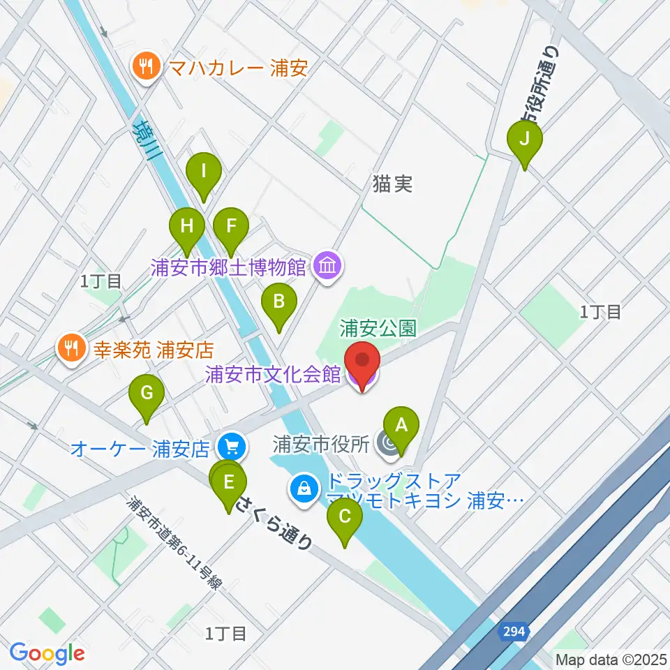 浦安市文化会館周辺のファミレス・ファーストフード一覧地図