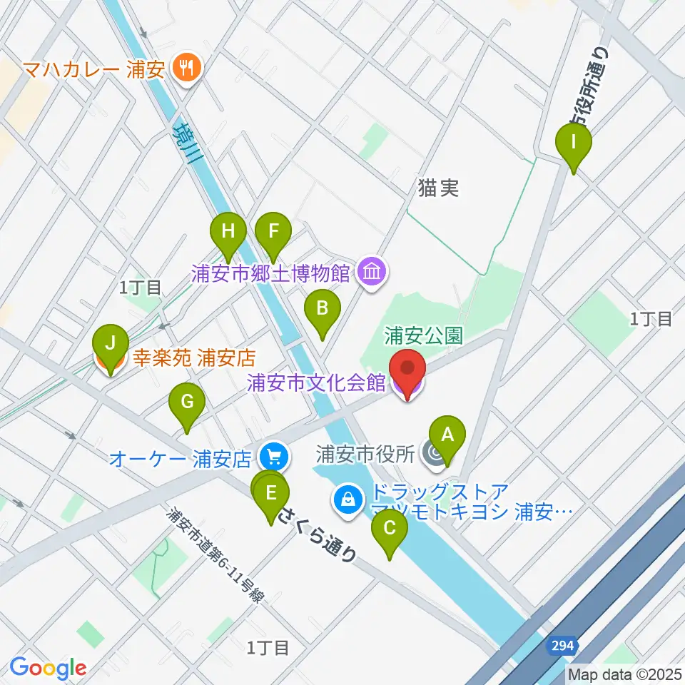 浦安市文化会館周辺のファミレス・ファーストフード一覧地図