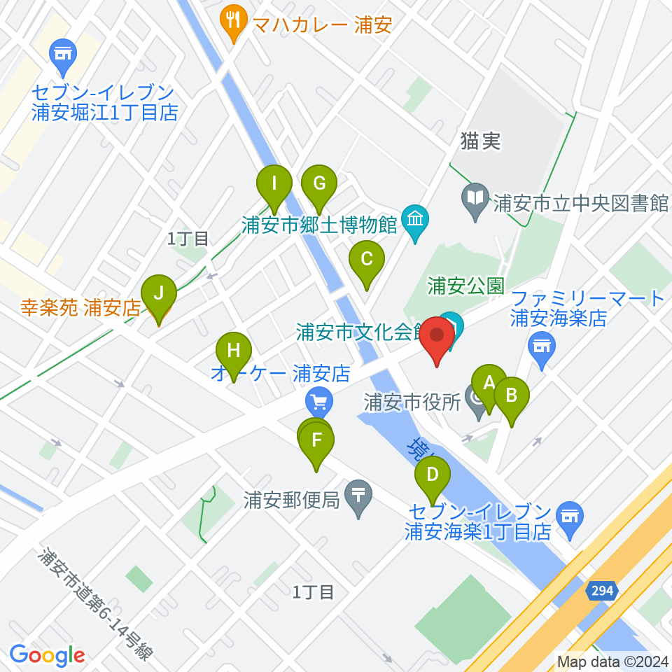 浦安市文化会館 練習室周辺のファミレス・ファーストフード一覧地図