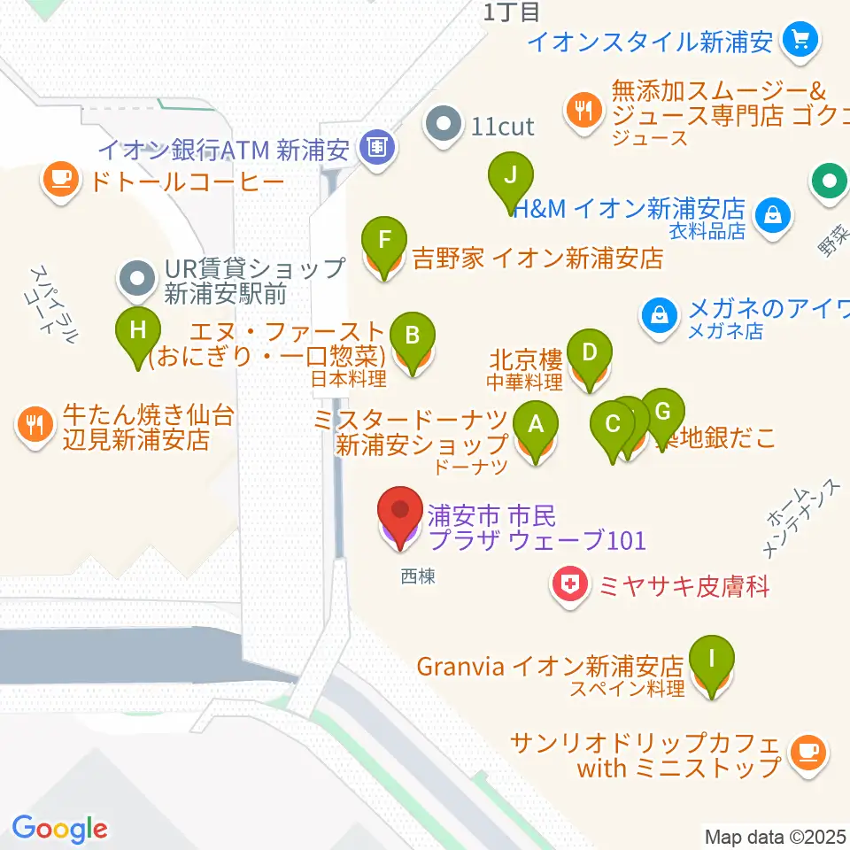 浦安市民プラザWave101周辺のファミレス・ファーストフード一覧地図