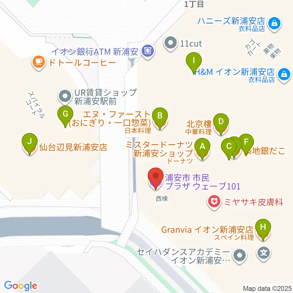 浦安市民プラザWave101周辺のファミレス・ファーストフード一覧地図