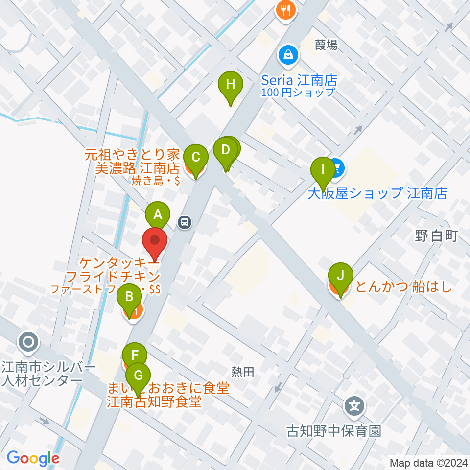 江南TOM周辺のファミレス・ファーストフード一覧地図