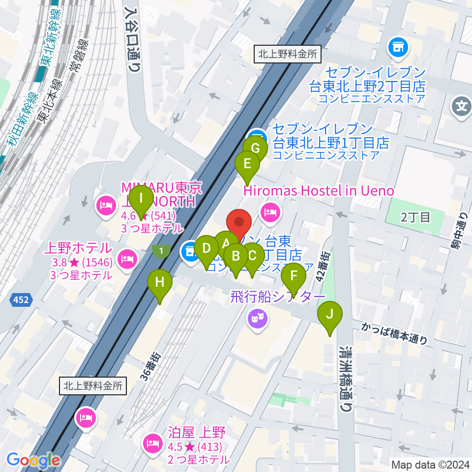 上野ストアハウス周辺のファミレス・ファーストフード一覧地図