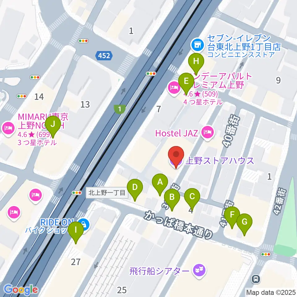 上野ストアハウス周辺のファミレス・ファーストフード一覧地図