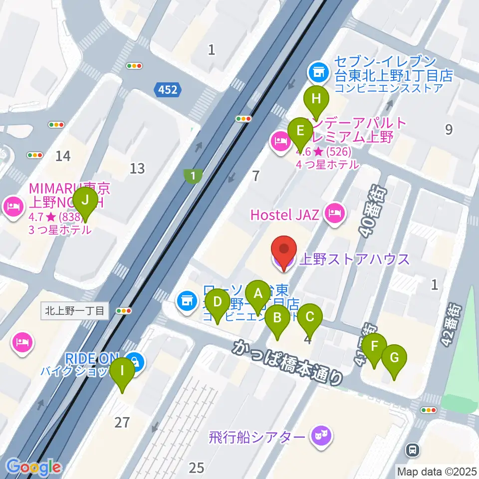 上野ストアハウス周辺のファミレス・ファーストフード一覧地図