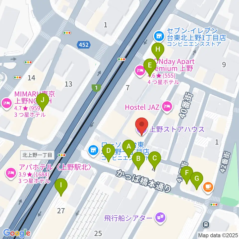 上野ストアハウス周辺のファミレス・ファーストフード一覧地図