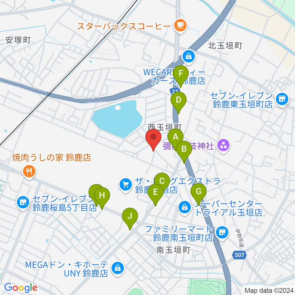 鈴鹿どじはうす周辺のファミレス・ファーストフード一覧地図