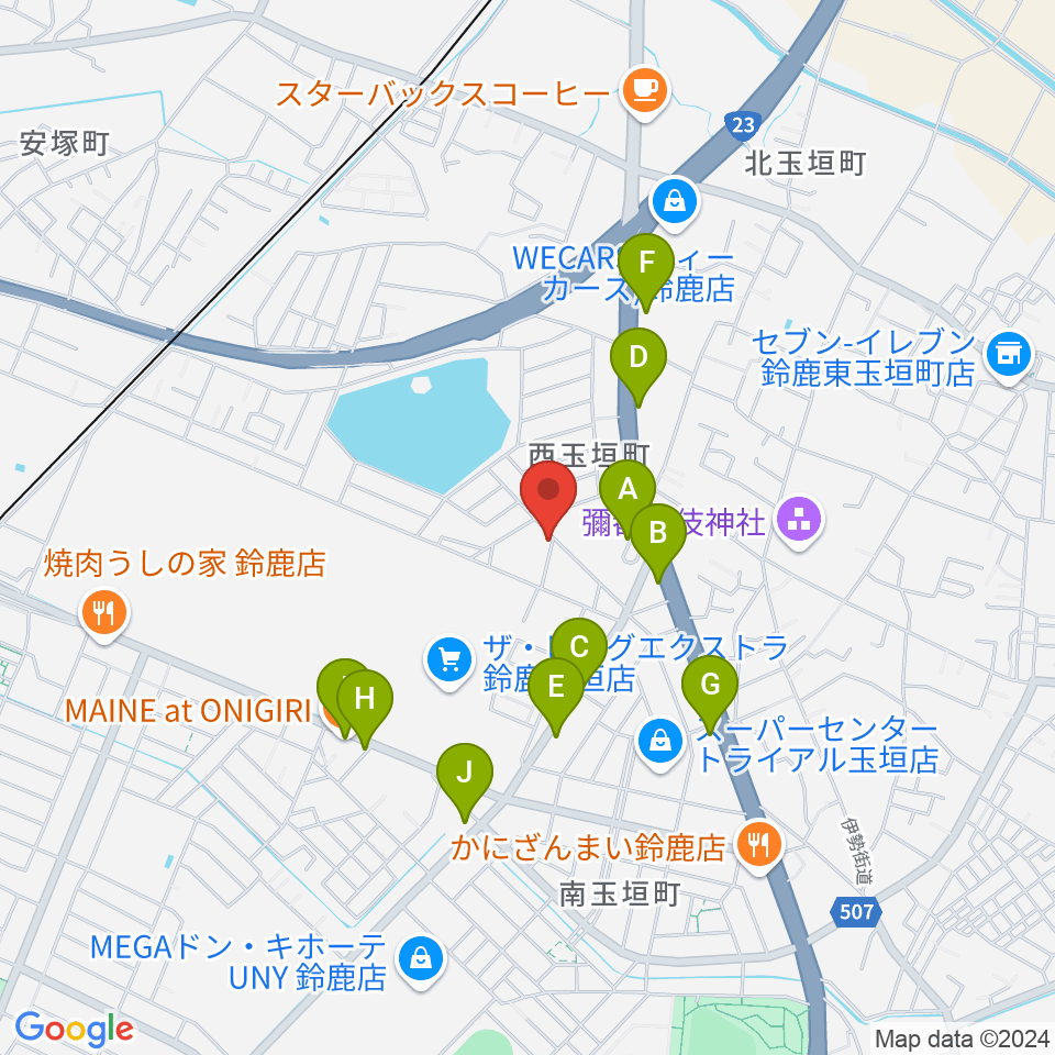 鈴鹿どじはうす周辺のファミレス・ファーストフード一覧地図