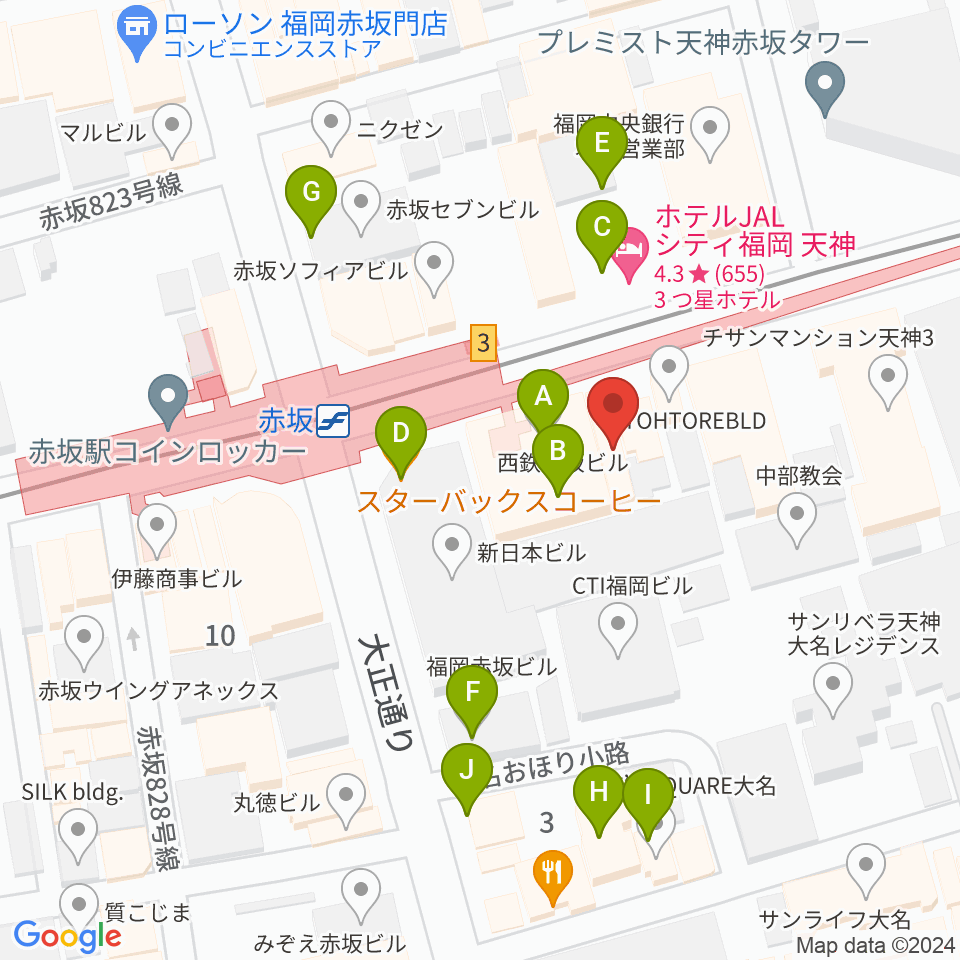 福岡バックステージ周辺のファミレス・ファーストフード一覧地図
