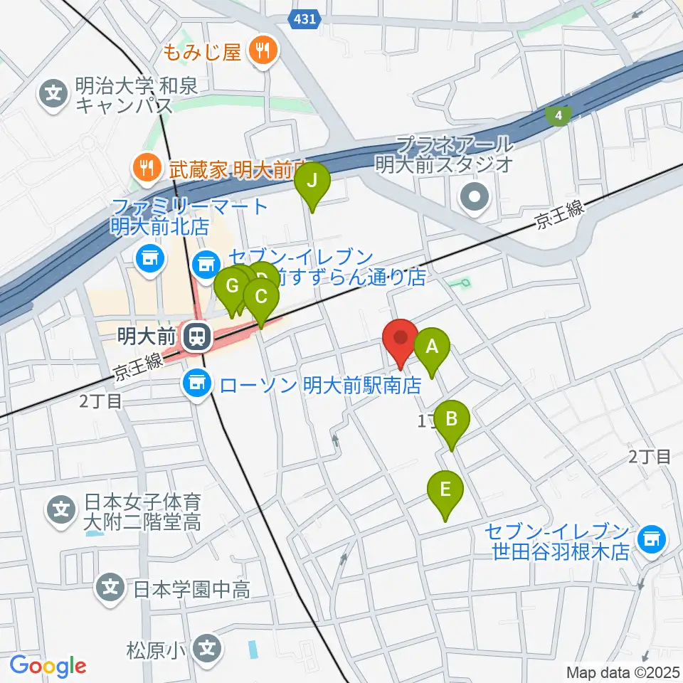 YRZ MUSIC 萬屋ドラム教室周辺のファミレス・ファーストフード一覧地図