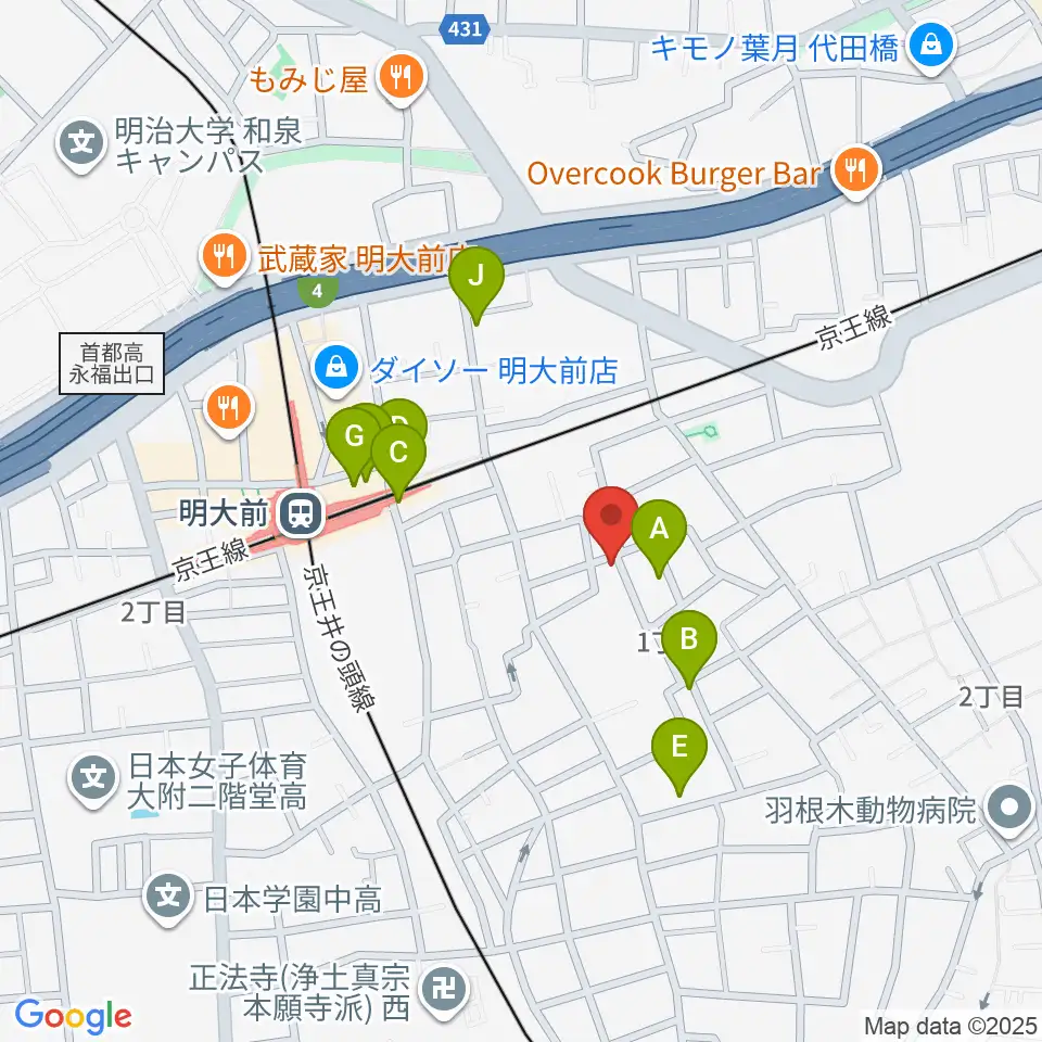 YRZ MUSIC 萬屋ドラム教室周辺のファミレス・ファーストフード一覧地図