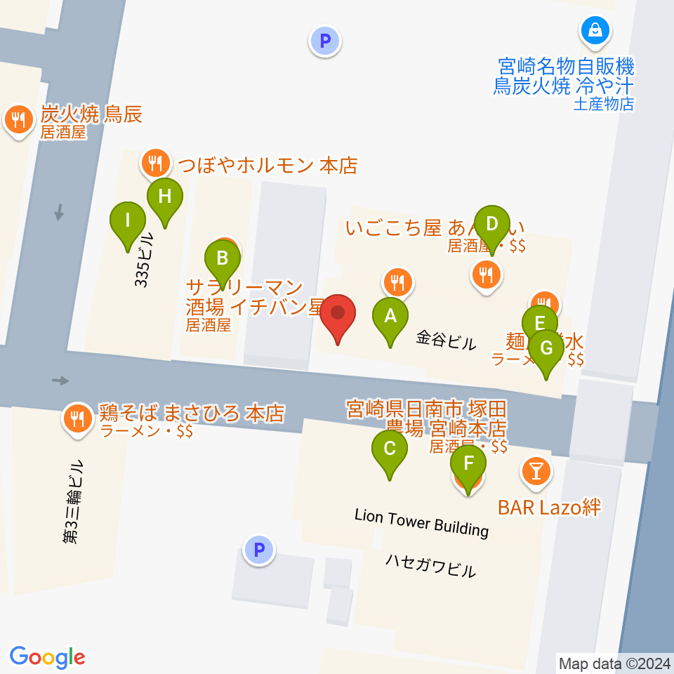 宮崎ライブハウス絃周辺のファミレス・ファーストフード一覧地図