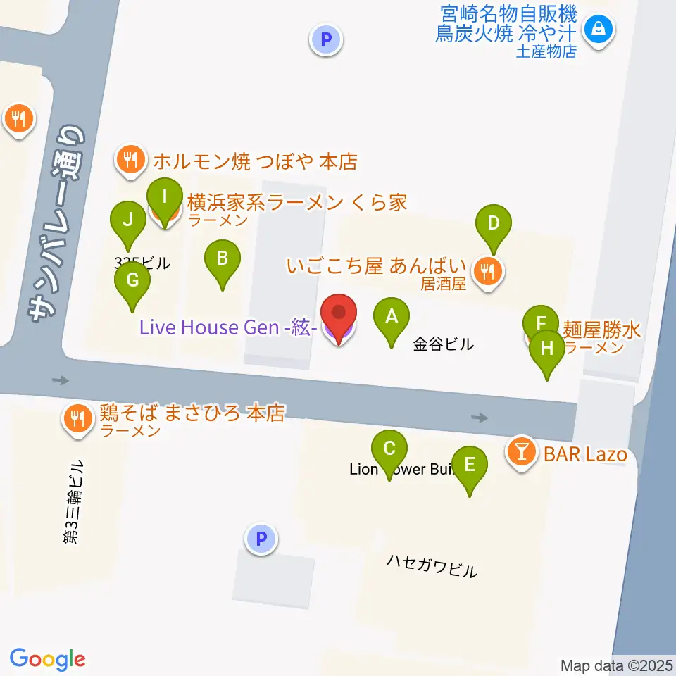 宮崎ライブハウス絃周辺のファミレス・ファーストフード一覧地図