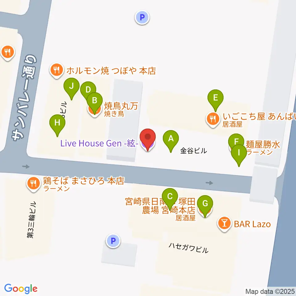 宮崎ライブハウス絃周辺のファミレス・ファーストフード一覧地図