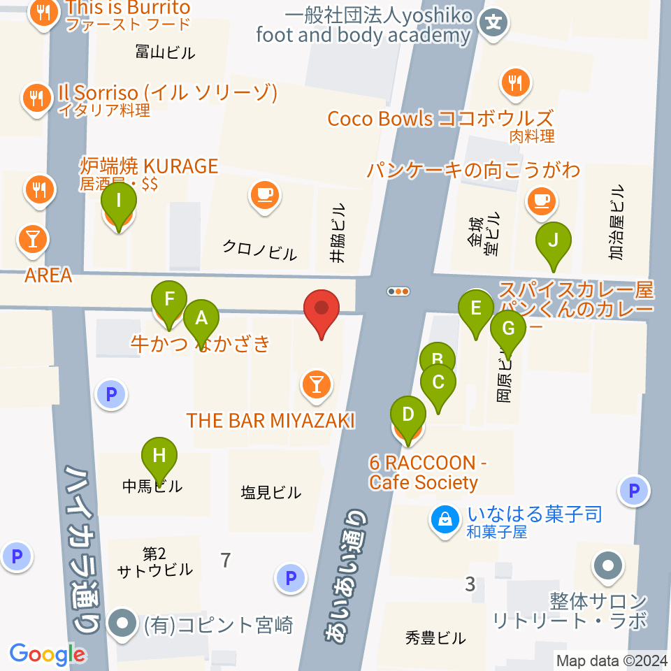 宮崎LIVE HOUSE ぱーく．周辺のファミレス・ファーストフード一覧地図