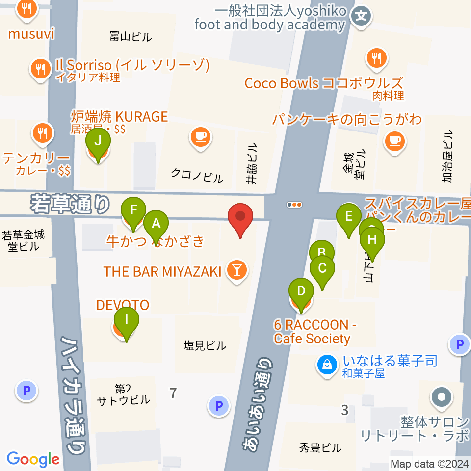 宮崎LIVE HOUSE ぱーく．周辺のファミレス・ファーストフード一覧地図