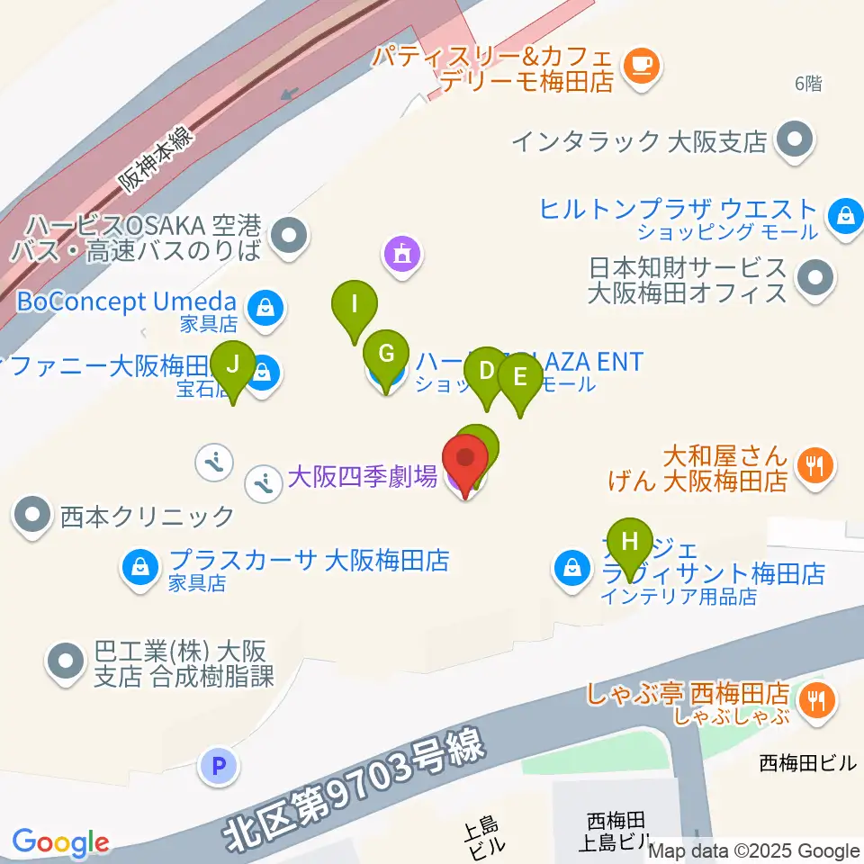 大阪四季劇場周辺のファミレス・ファーストフード一覧地図