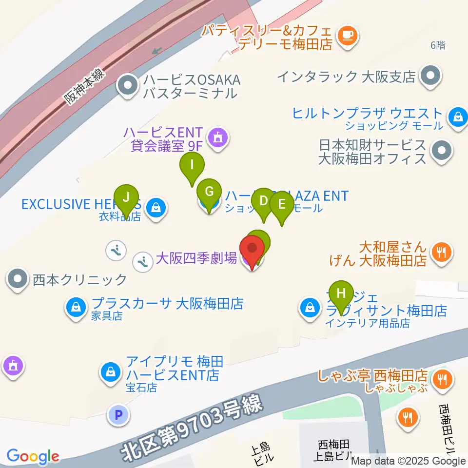 大阪四季劇場周辺のファミレス・ファーストフード一覧地図