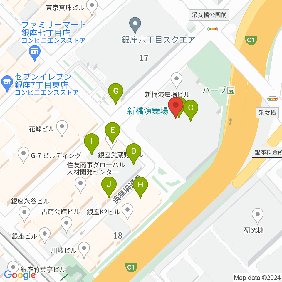新橋演舞場周辺のファミレス・ファーストフード一覧地図