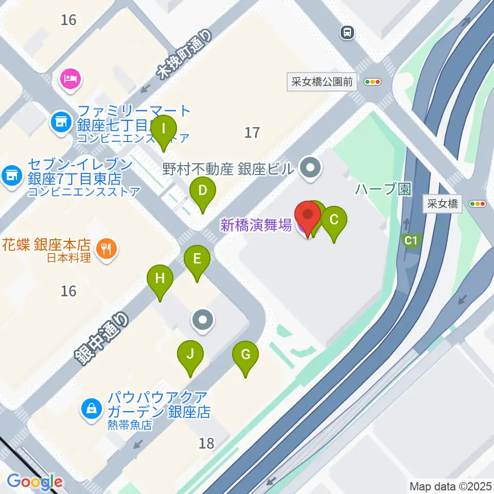 新橋演舞場周辺のファミレス・ファーストフード一覧地図