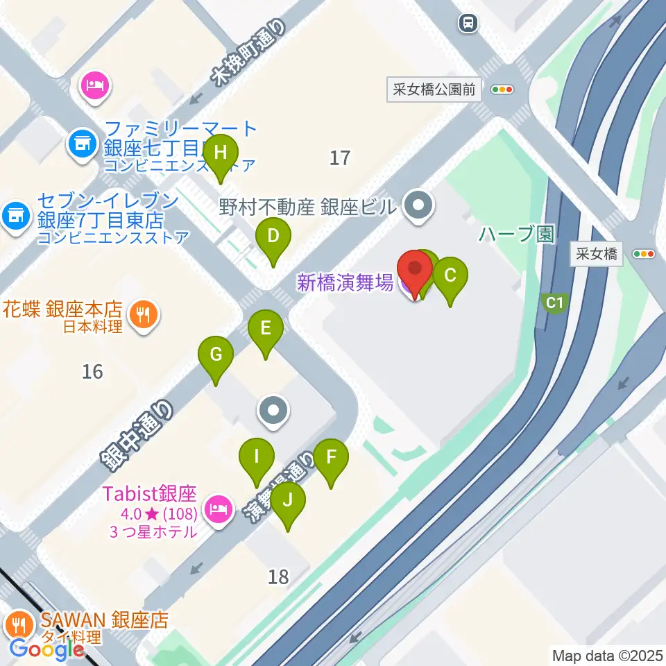 新橋演舞場周辺のファミレス・ファーストフード一覧地図