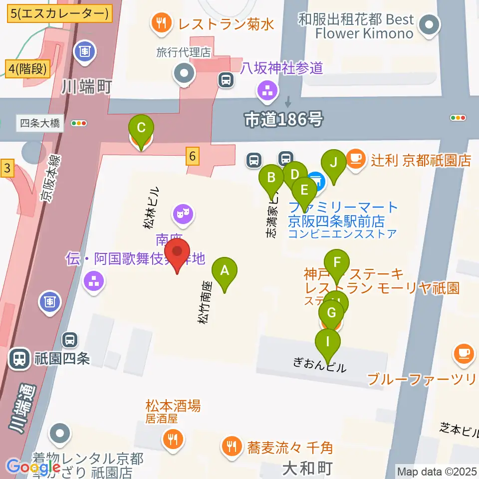 京都四條南座周辺のファミレス・ファーストフード一覧地図