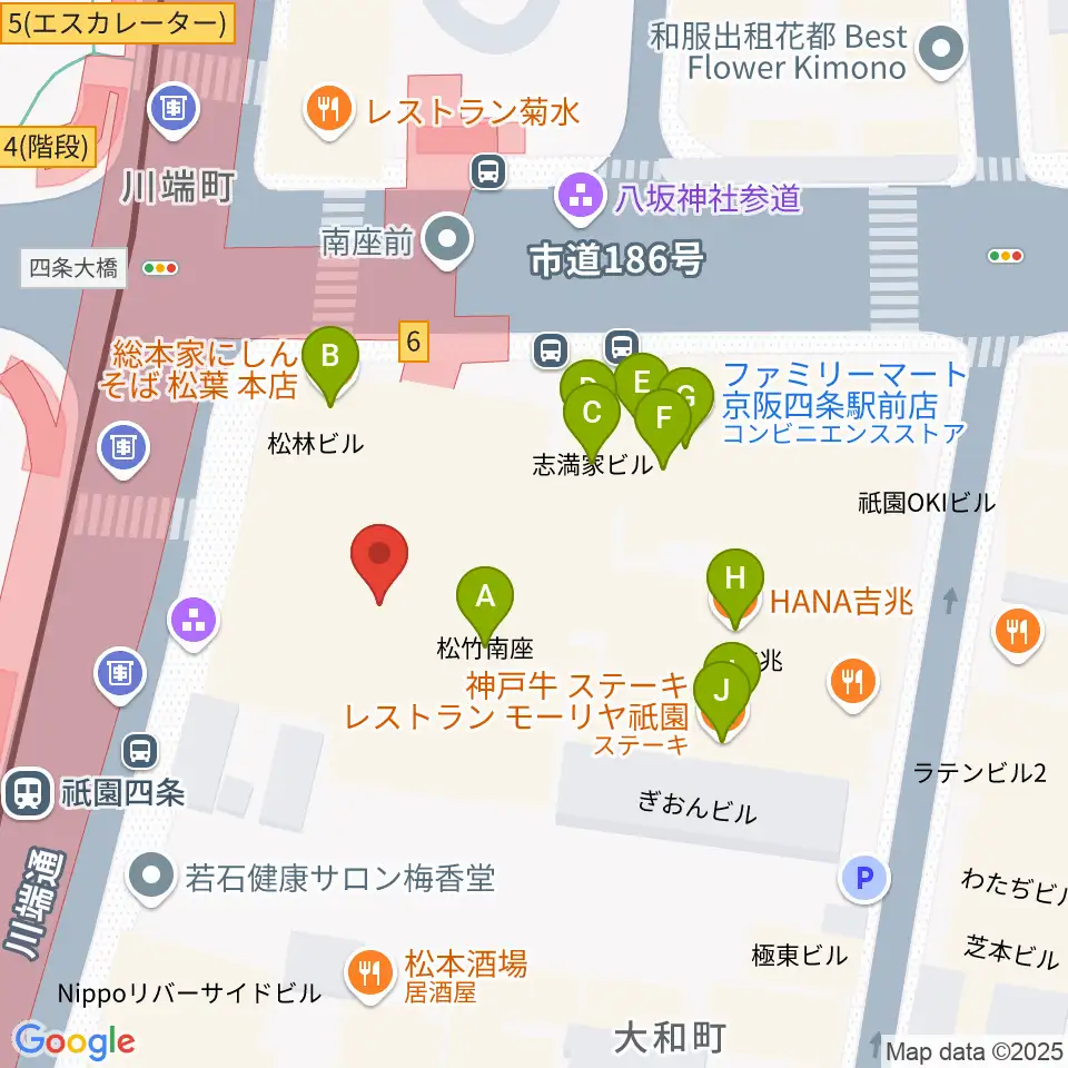 京都四條南座周辺のファミレス・ファーストフード一覧地図