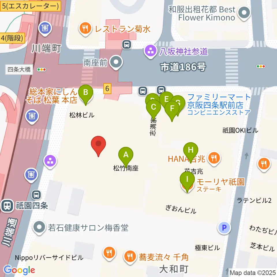 京都四條南座周辺のファミレス・ファーストフード一覧地図