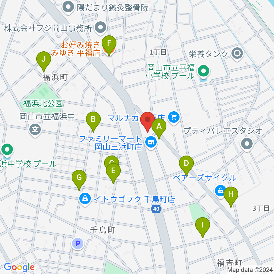 梅里ヴァイオリンスタジオ周辺のファミレス・ファーストフード一覧地図