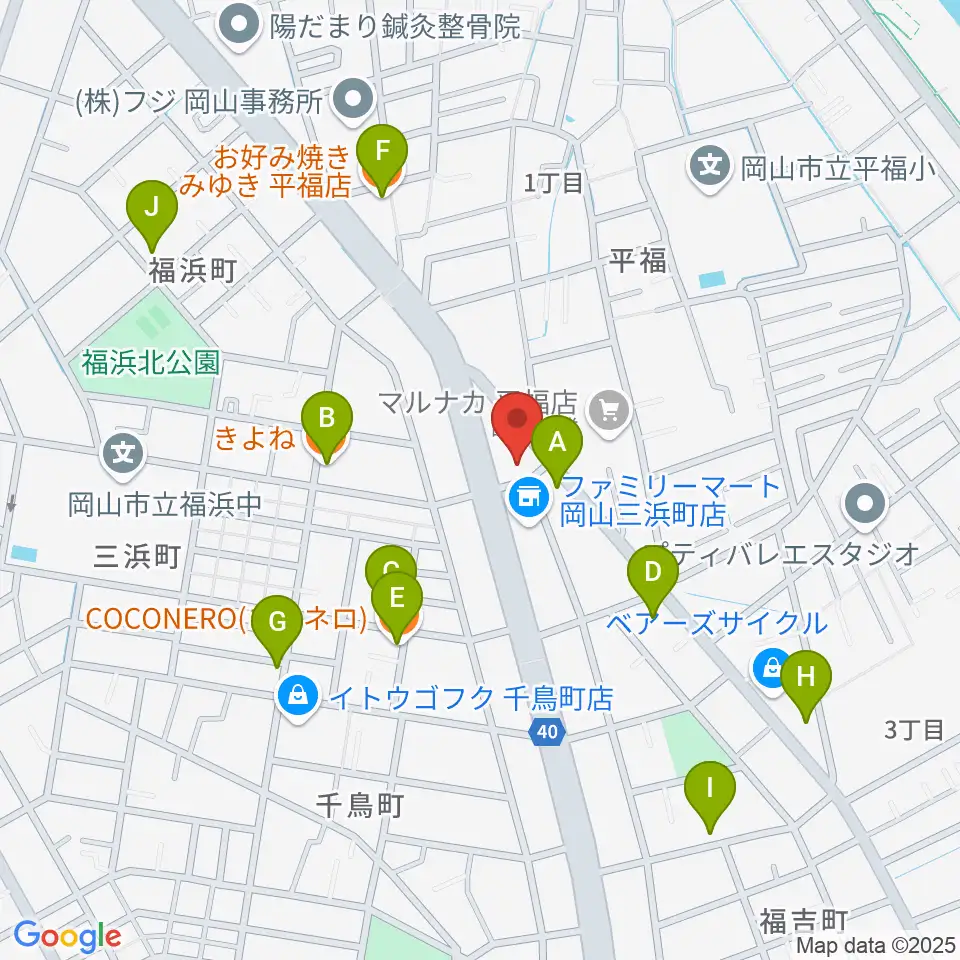 梅里ヴァイオリンスタジオ周辺のファミレス・ファーストフード一覧地図