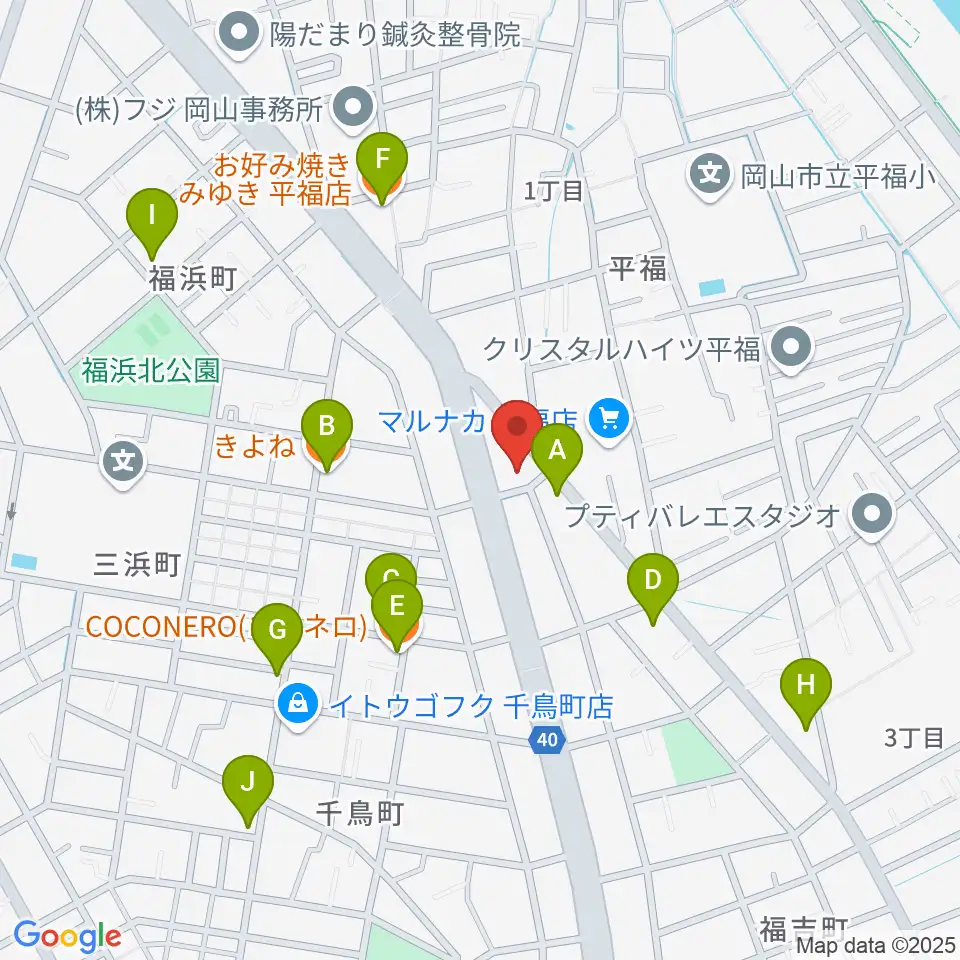 梅里ヴァイオリンスタジオ周辺のファミレス・ファーストフード一覧地図
