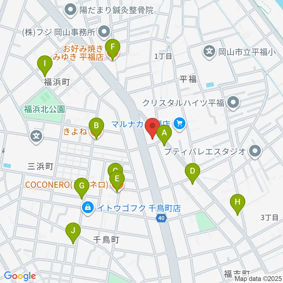 梅里ヴァイオリンスタジオ周辺のファミレス・ファーストフード一覧地図