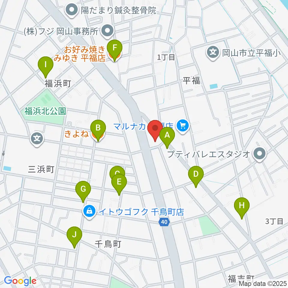 梅里ヴァイオリンスタジオ周辺のファミレス・ファーストフード一覧地図