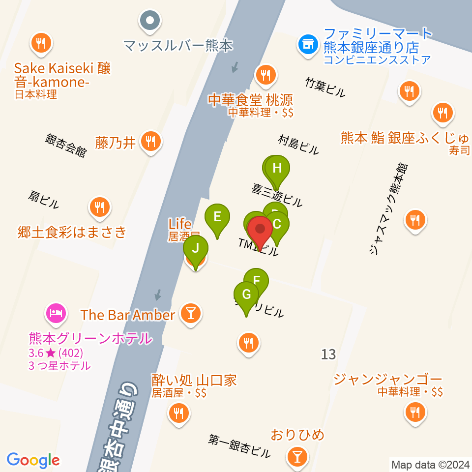 熊本TWO FIVE周辺のファミレス・ファーストフード一覧地図