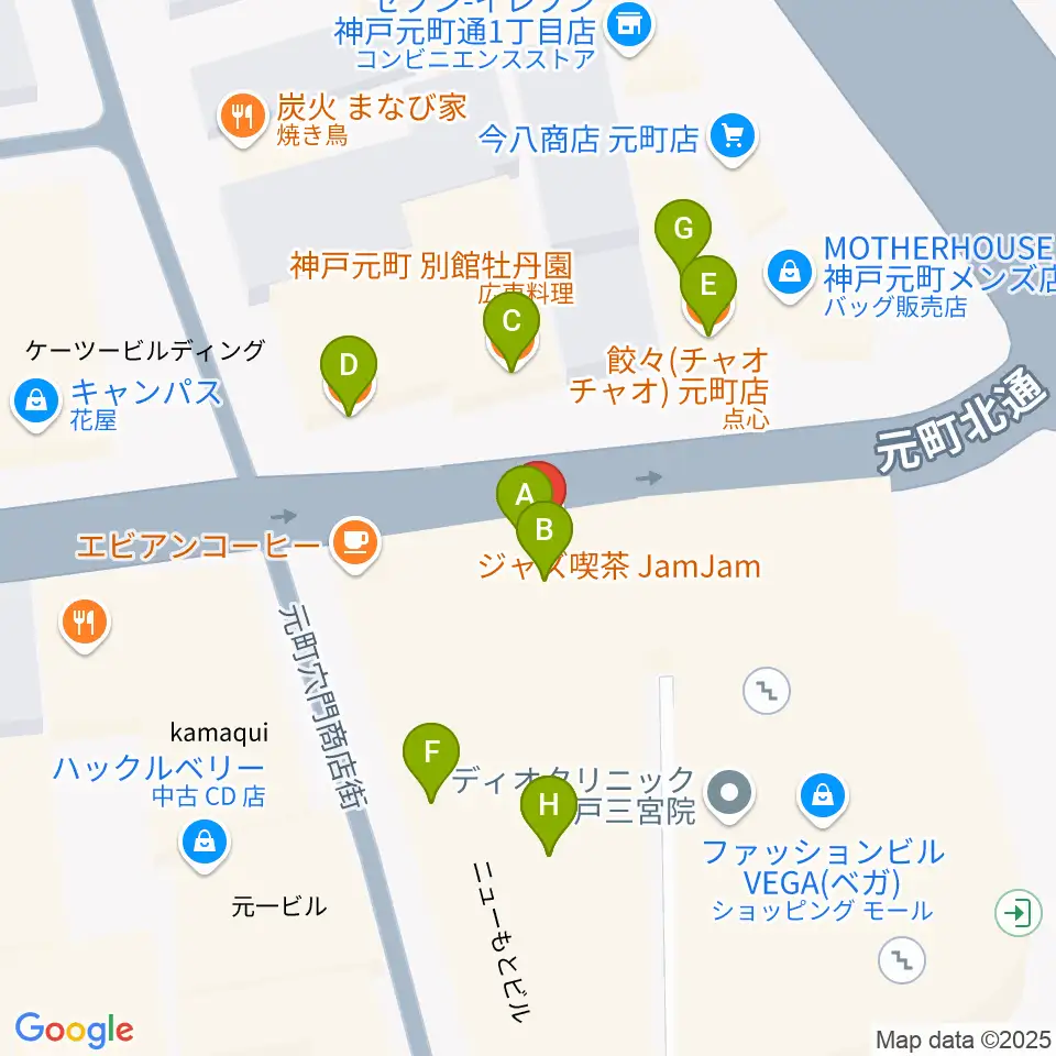 ジャズ喫茶JamJam周辺のファミレス・ファーストフード一覧地図