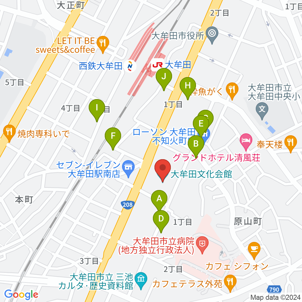 大牟田文化会館周辺のファミレス・ファーストフード一覧地図